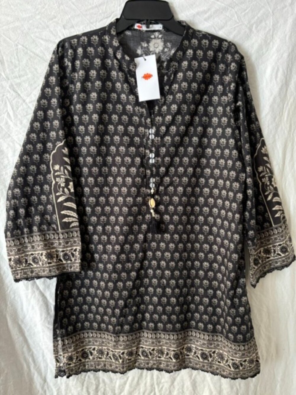 NEW w TAGS KHAADI Cotton Floral Black & Cream Tunic Kurta Sz 12 Large L NWT